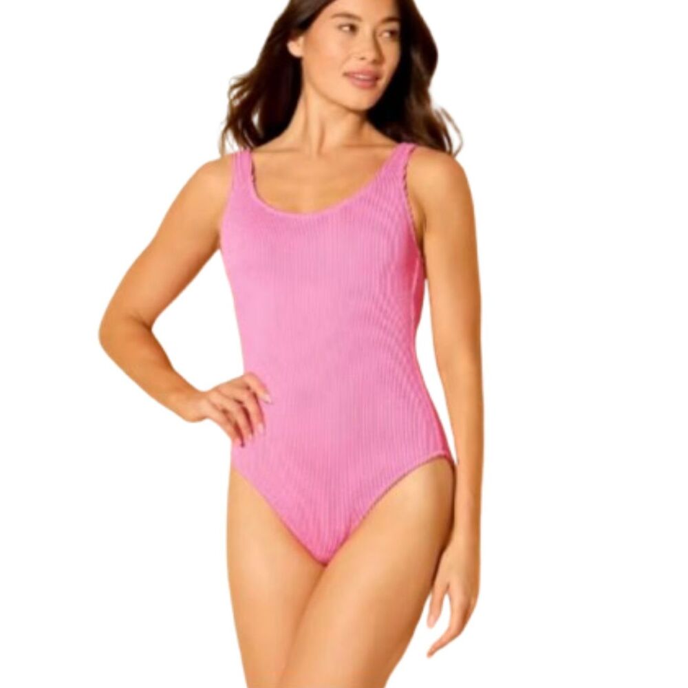 Shade & Shore Pucker Scoop Neck Pink Medium Coverage One Piece Swimsuit Size L